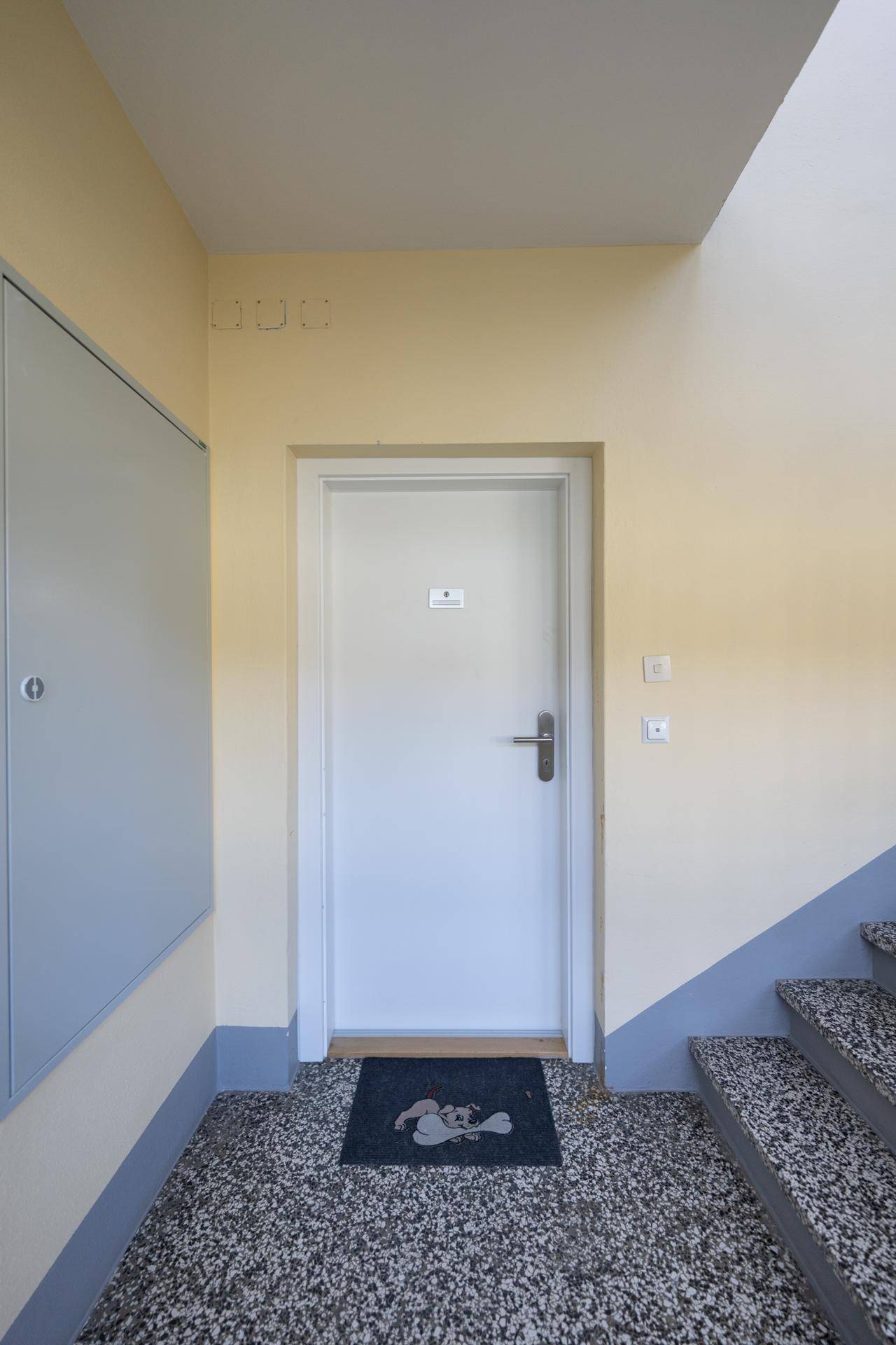 Eingangsbereich einer Wohnung im Treppenhaus mit Terrazzoboden und gelben Wänden.