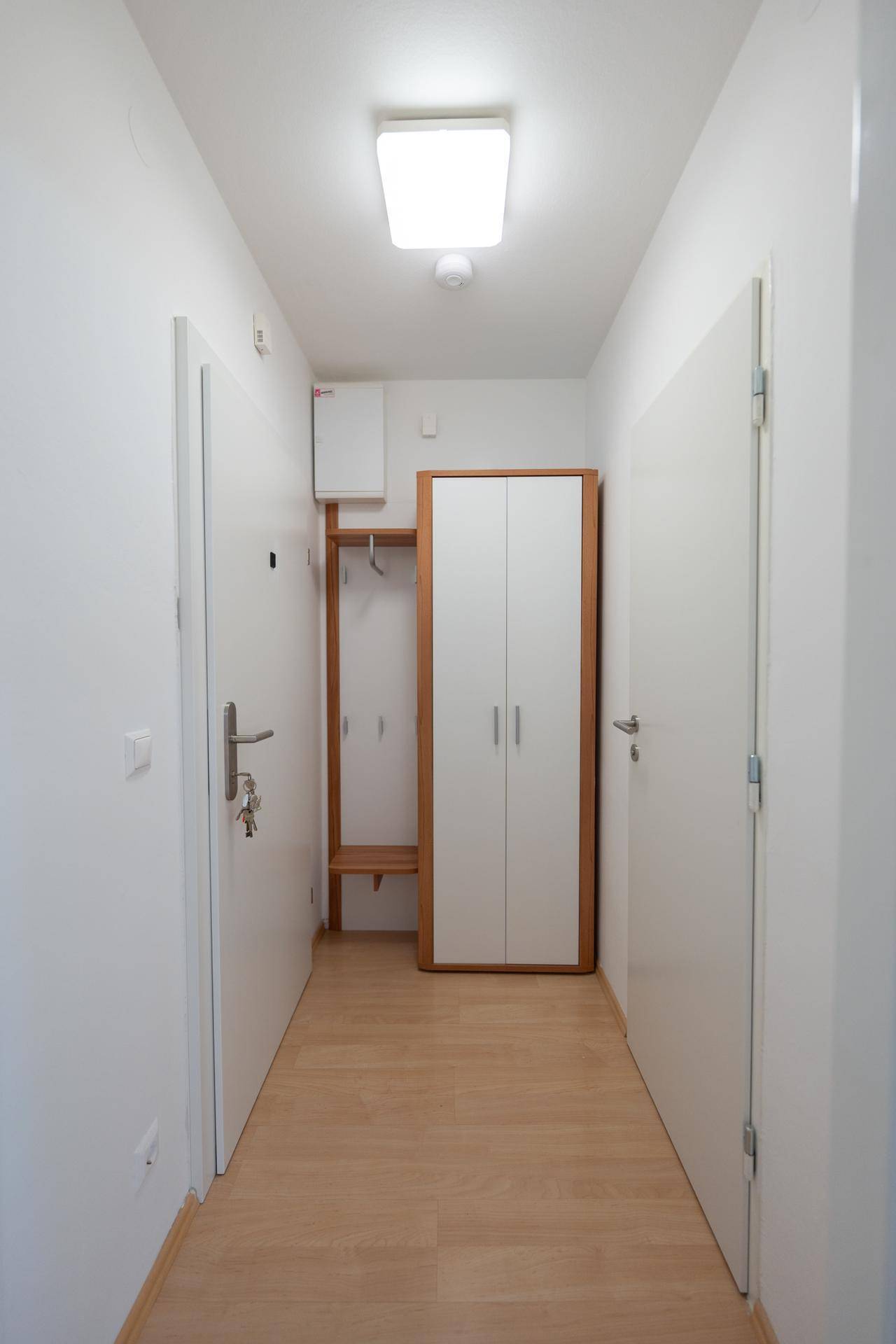 Heller Flur im Inneren der Wohnung mit Holzfußboden und einem kleinen Garderobenschrank.