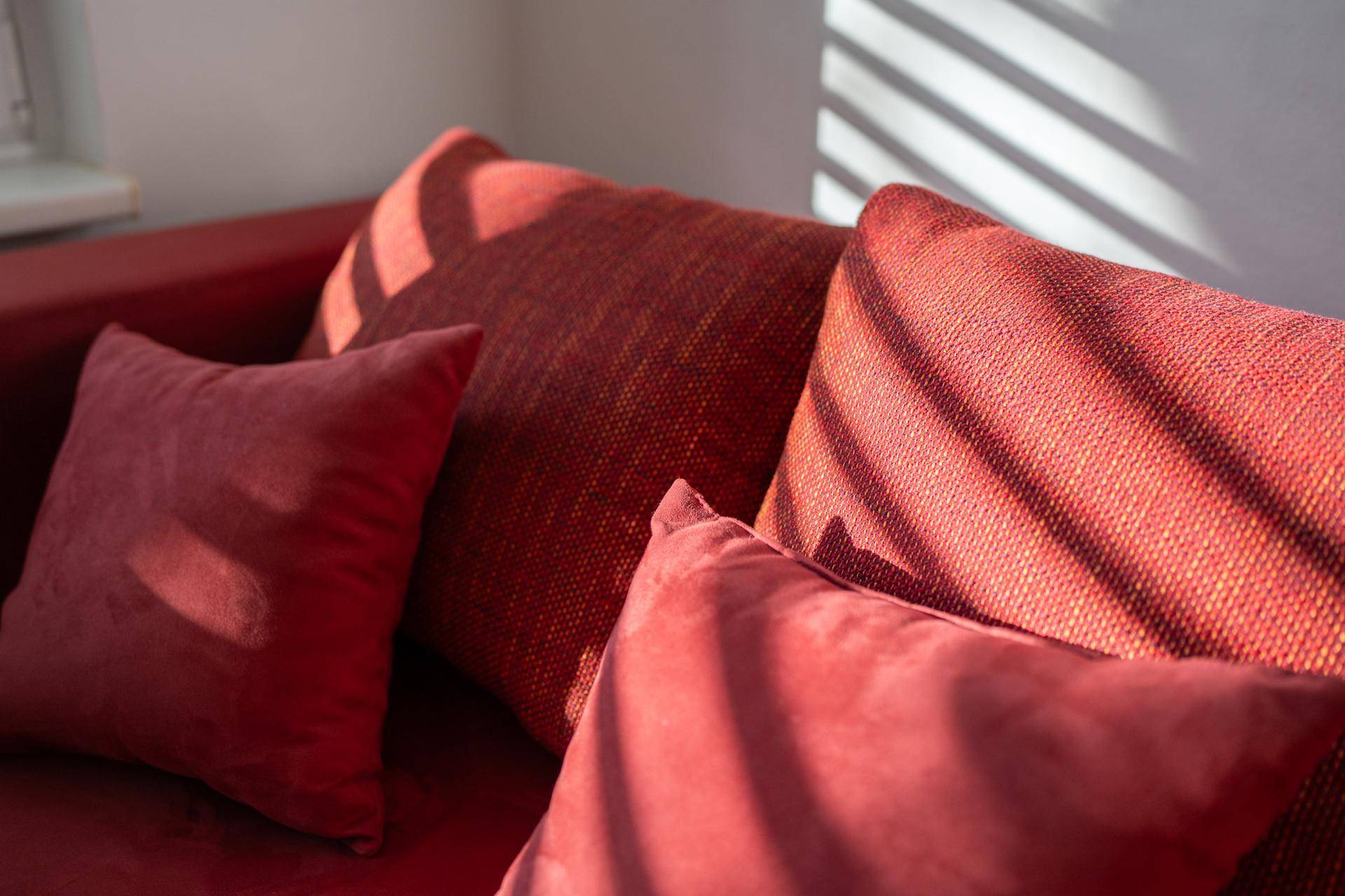 Nahaufnahme der roten Sofakissen, die im Sonnenlicht liegen und eine gemütliche Atmosphäre schaffen.