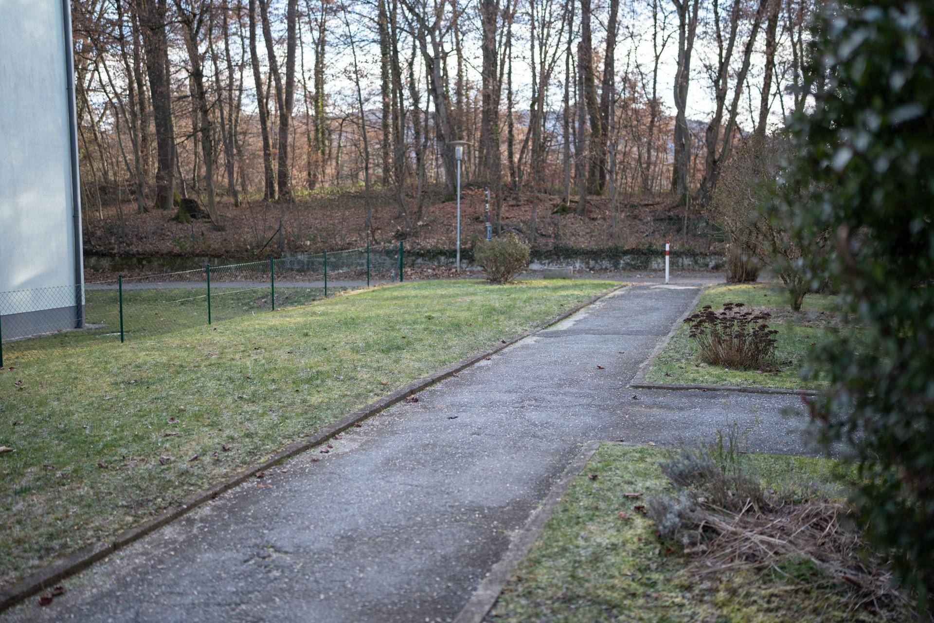Gepflasterter Weg führt durch eine Grünfläche zu einem bewaldeten Bereich im Hintergrund.