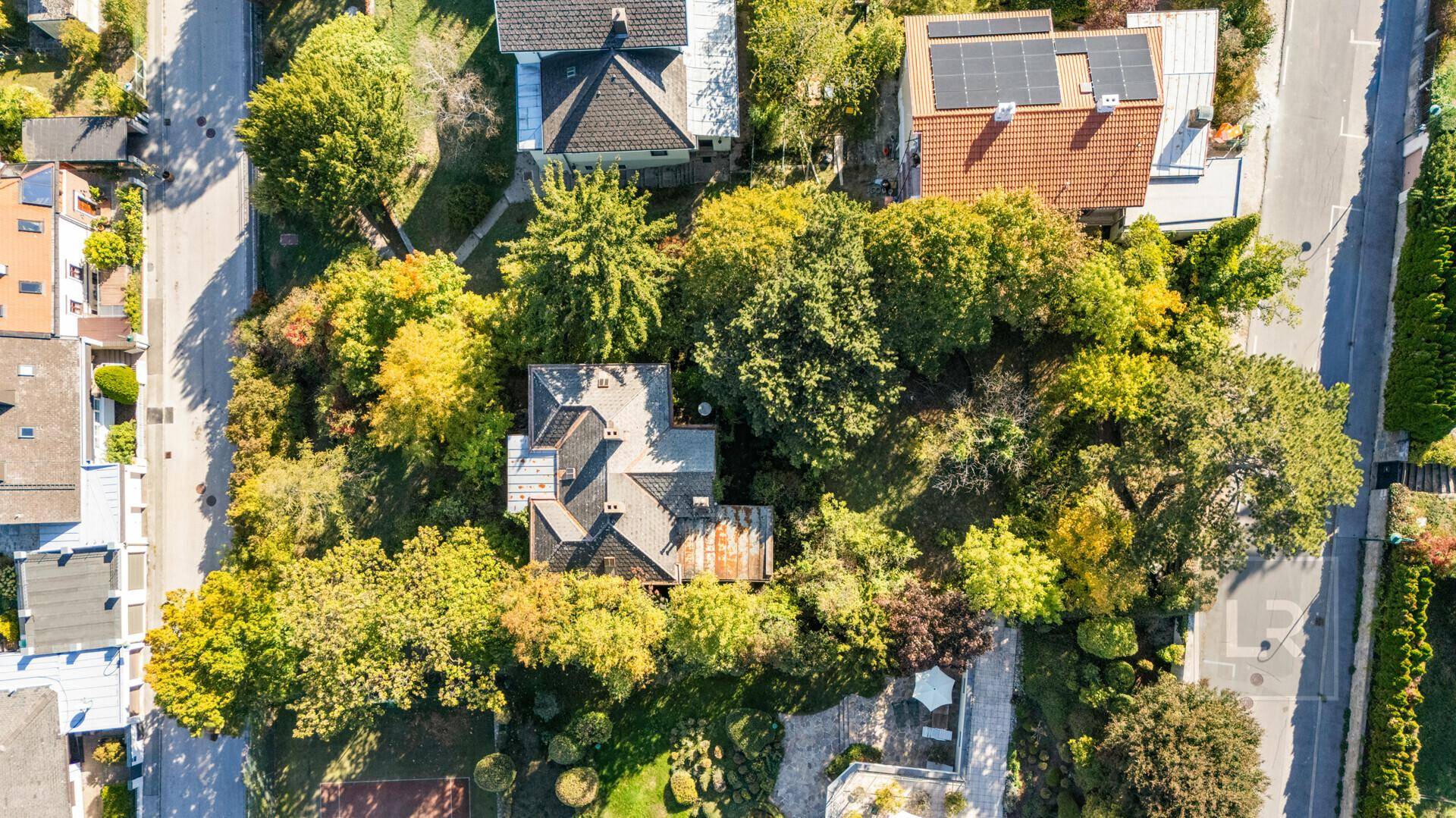 Draufsicht des Grundstücks mit roter Umrandung, das Haus und die dichte Vegetation zeigt.