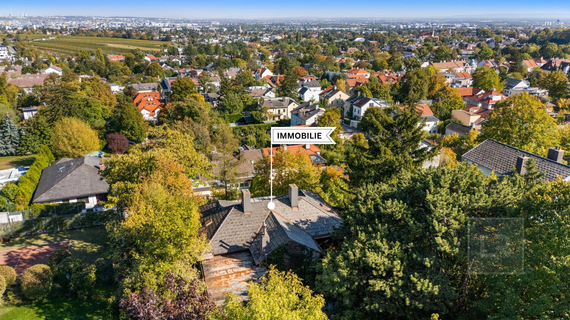 Luftaufnahme des Hauses mit einem Pfeil, der auf die Immobilie zeigt, umgeben von Bäumen und Stadtblick.