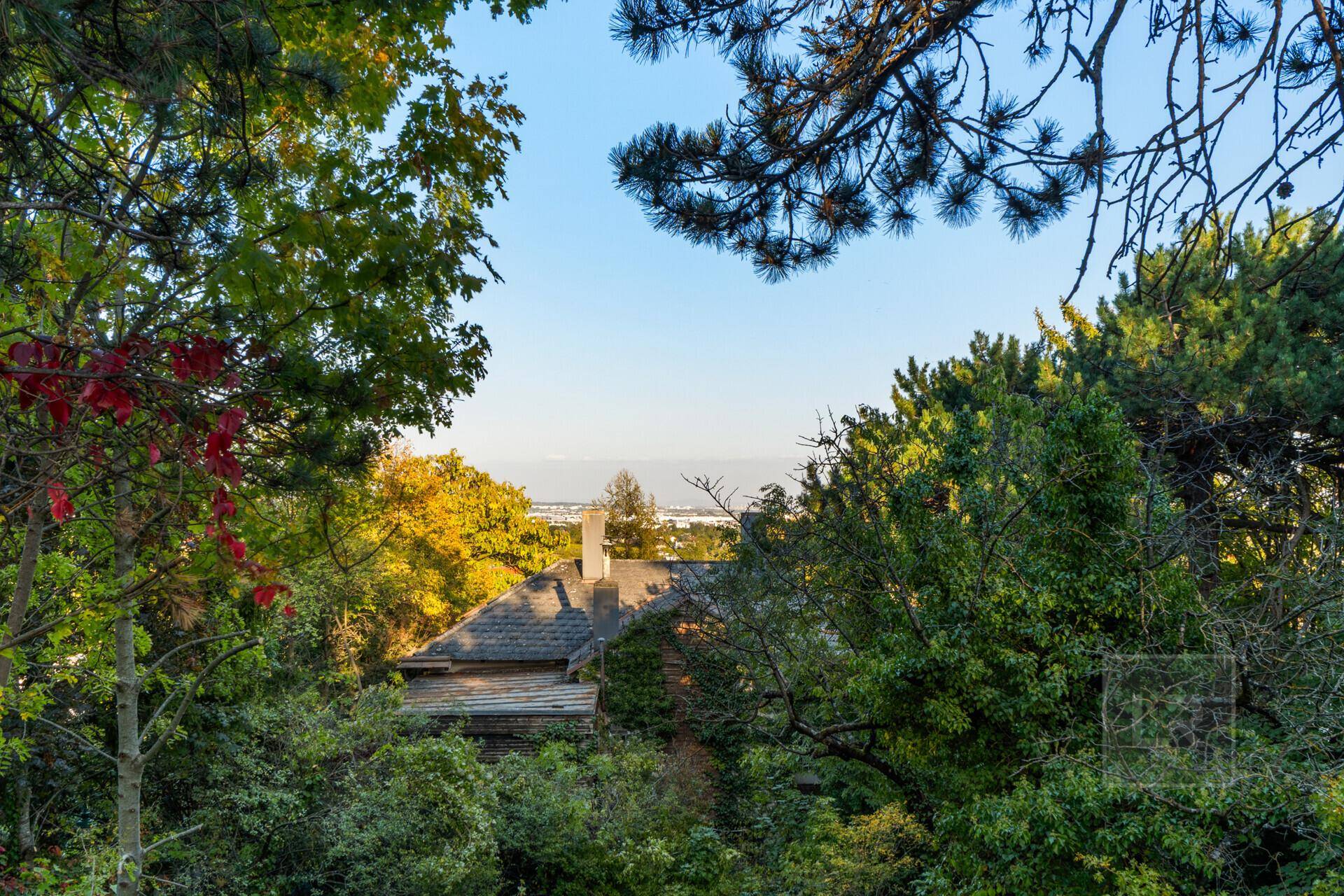 Blick durch Bäume auf das Dach des Hauses und die weite Landschaft am Horizont.