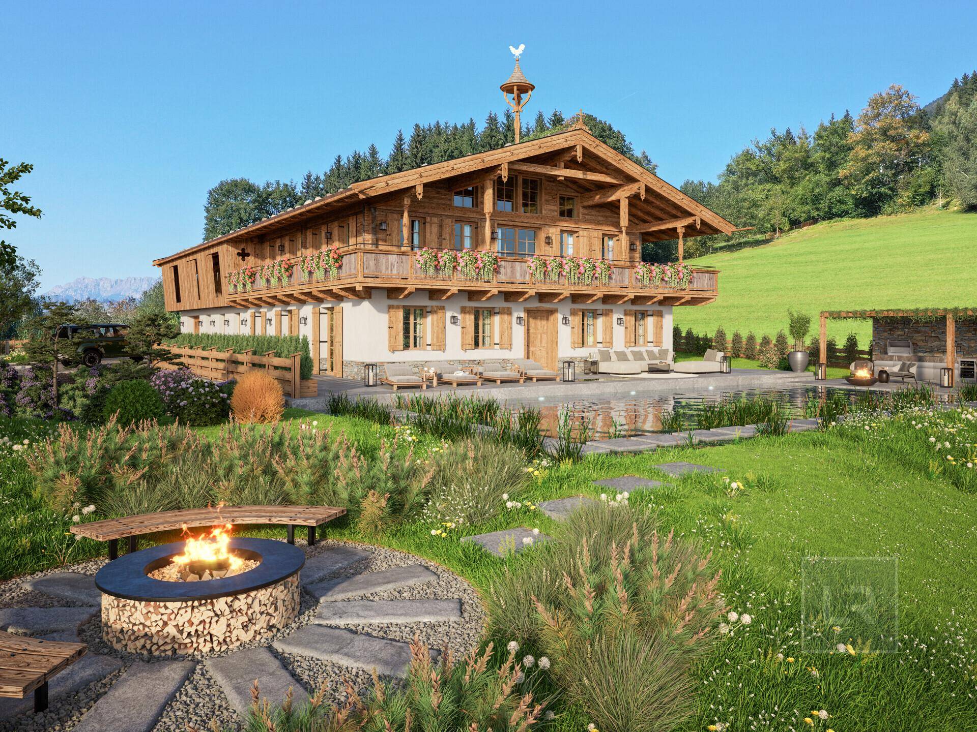 Gemütlicher Gartenbereich mit Feuerstelle und Blick auf das luxuriöse Chalet und die umliegenden Berge.