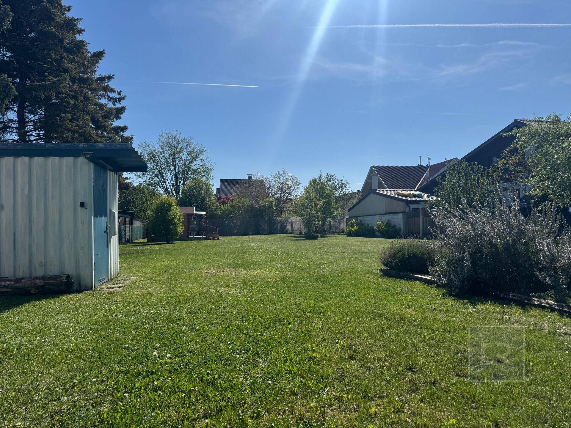 Sonniger Garten mit weitläufiger Rasenfläche, einem Geräteschuppen und Blick auf die Nachbarschaft.