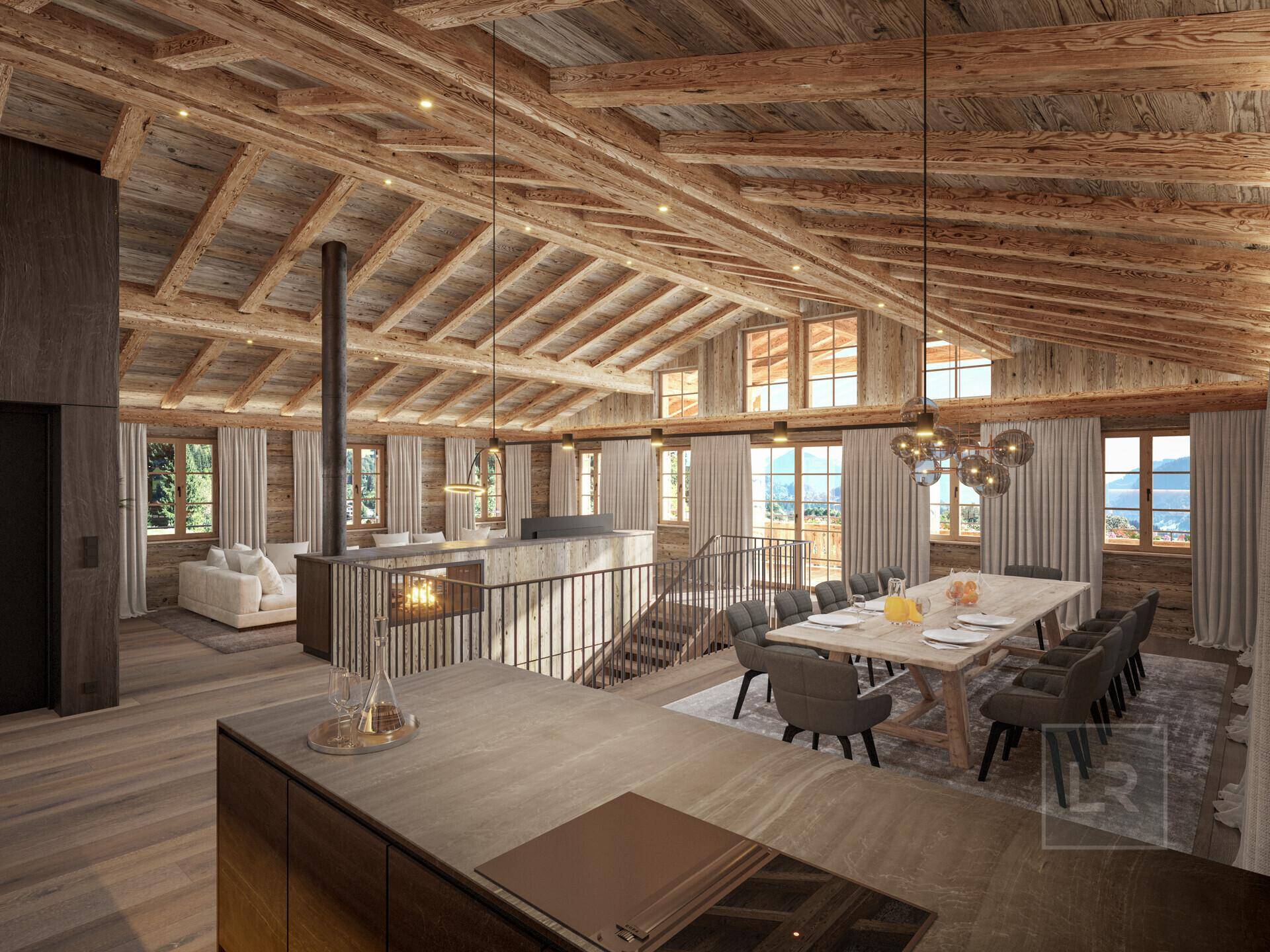 Moderne Küche mit Kochinsel und großem Essbereich, integriert in einen offenen Wohnraum mit Holzbalken.