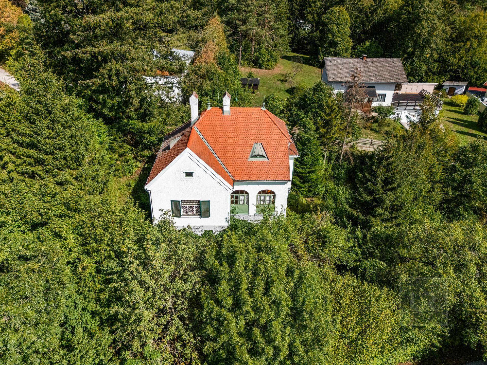 Vogelperspektive der charmanten Villa mit rotem Dach, eingebettet in eine grüne, bewaldete Umgebung.
