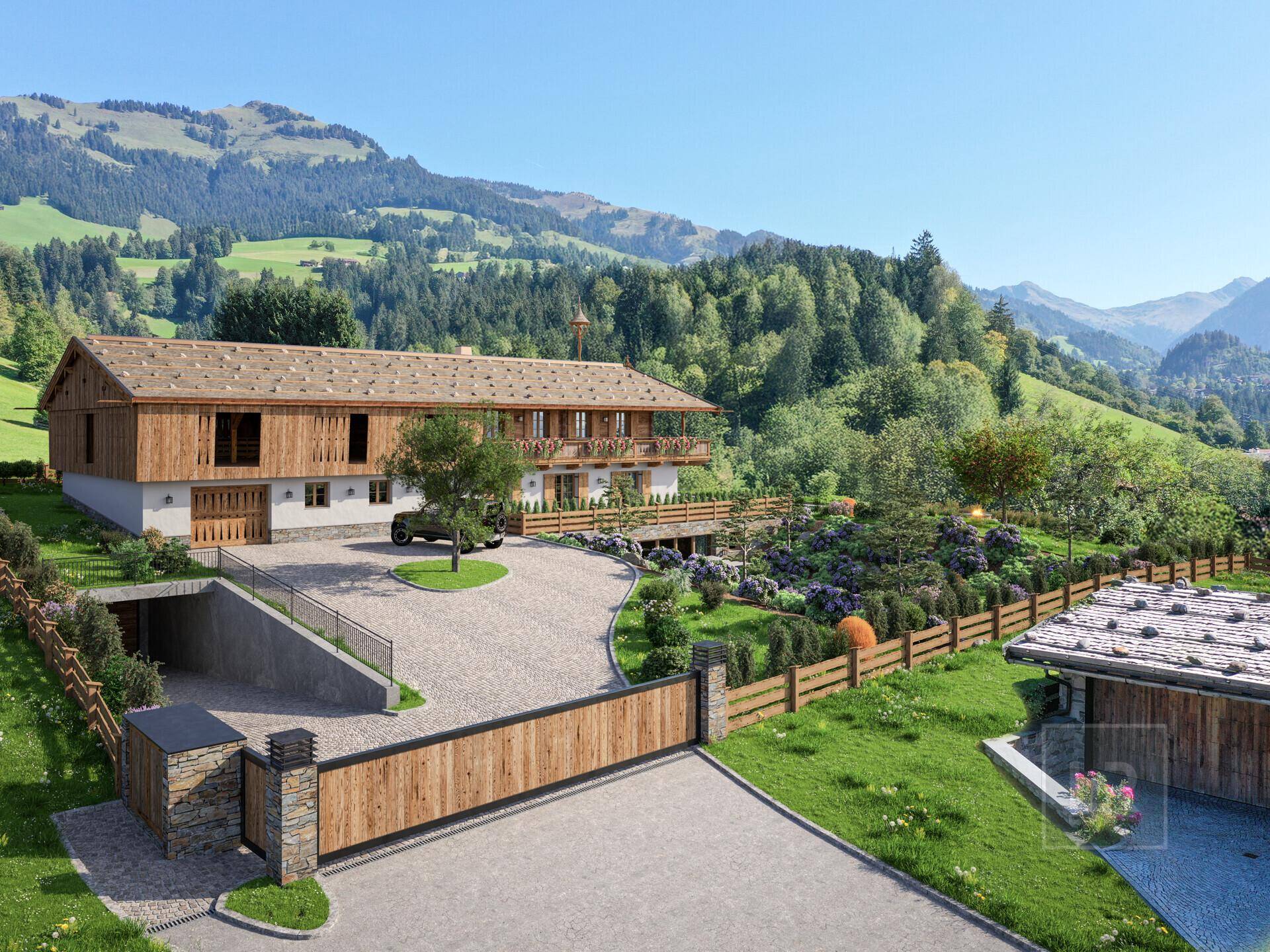 Zufahrt zum Anwesen mit großem Tor, Tiefgaragenzugang und Blick auf das luxuriöse Chalet.