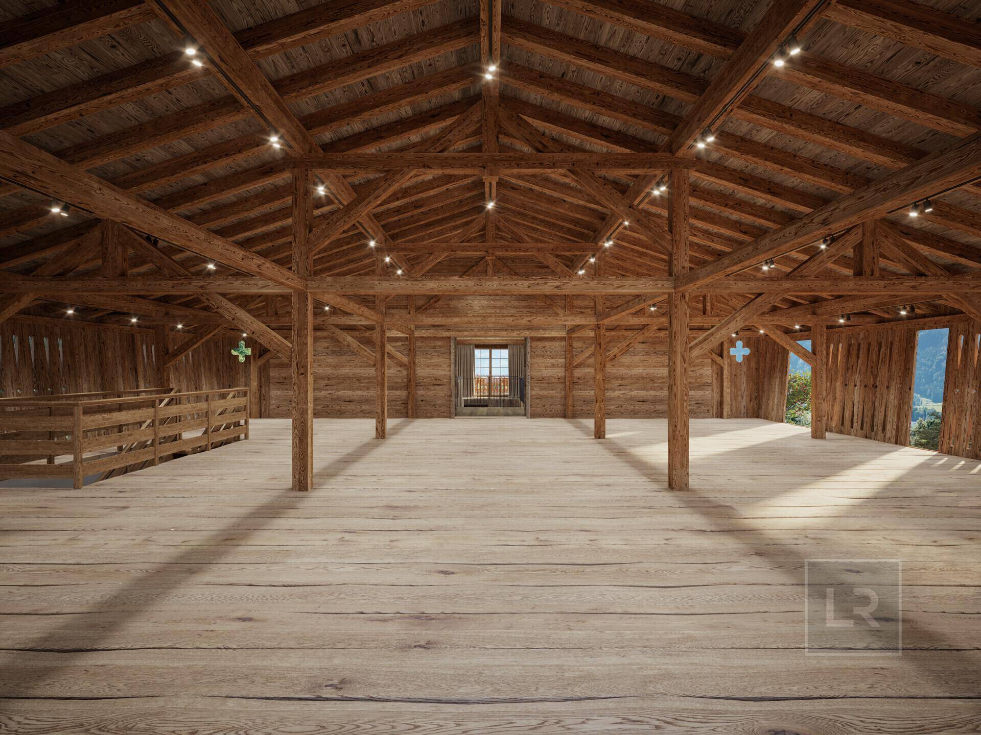 Großer, leerer Raum mit beeindruckender Holzbalkenkonstruktion und Holzboden, ideal für Veranstaltungen.