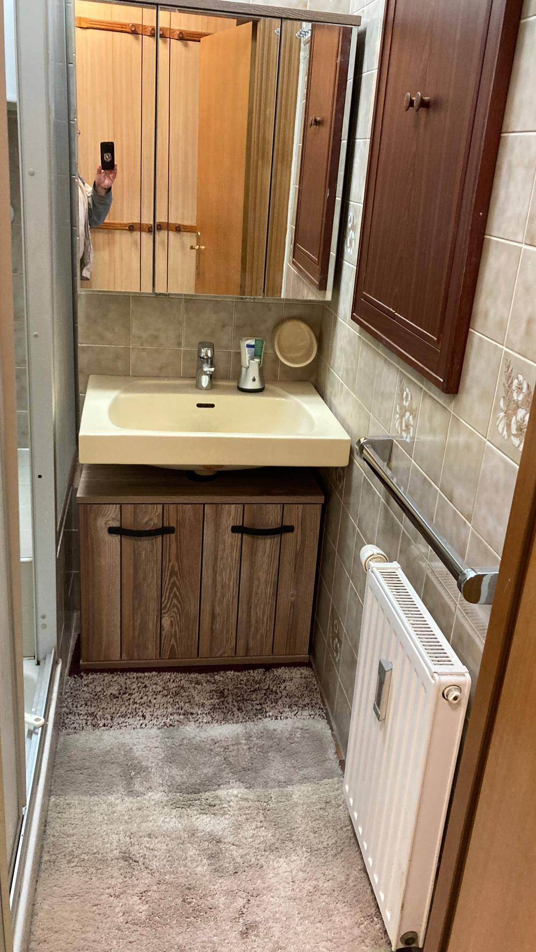 Kleines Badezimmer mit Waschbecken, Spiegelschrank und Duschbereich.