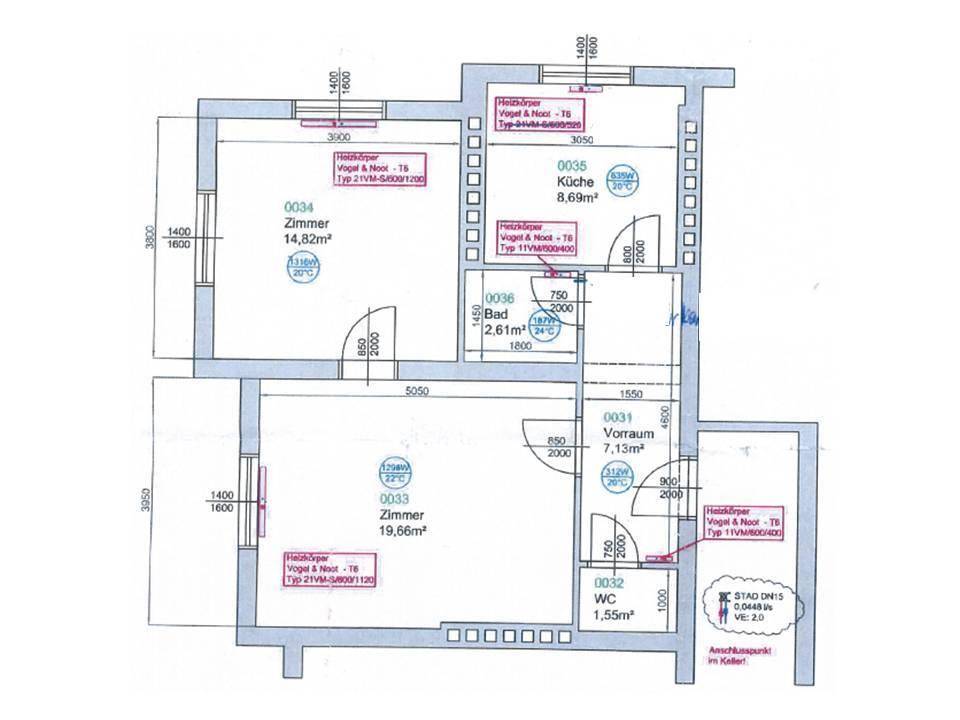 Grundriss der Wohnung mit Zimmern, Küche, Bad und WC, inklusive Flächenangaben.