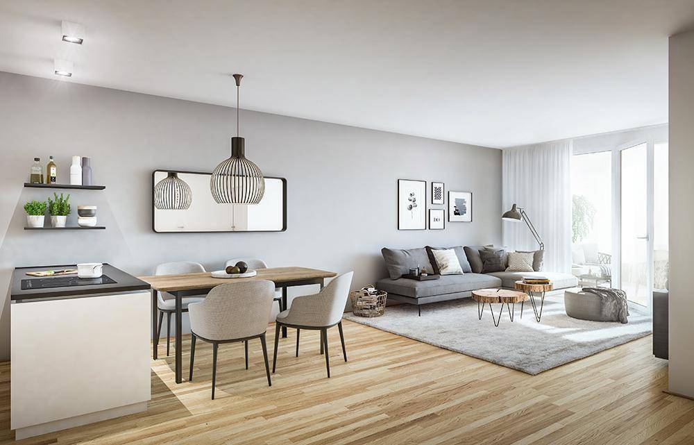 Heller offener Wohn-Essbereich mit Holzboden, moderner Einrichtung und Zugang zum Balkon.