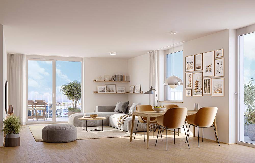 Heller, offener Wohn- und Essbereich mit modernem Design, Parkettboden und Zugang zum Balkon.