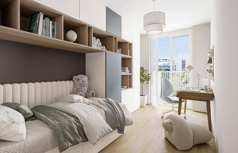 Modernes Kinderzimmer mit integriertem Bett, Schreibtisch und Stauraum, hell und funktional eingerichtet.