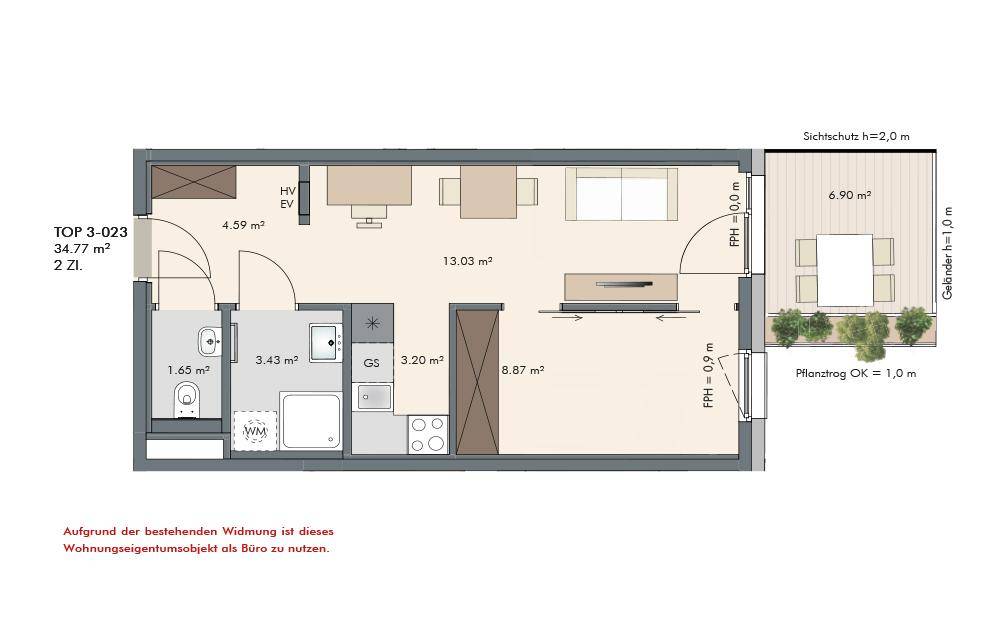 Grundriss einer 2-Zimmer-Wohnung mit offener Küche, Bad und Balkon.