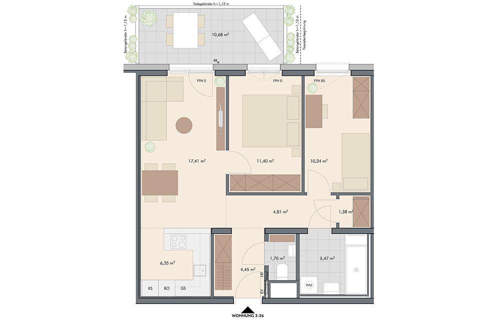 Grundriss einer Wohnung mit zwei Schlafzimmern, offenem Wohnbereich und großer Terrasse.