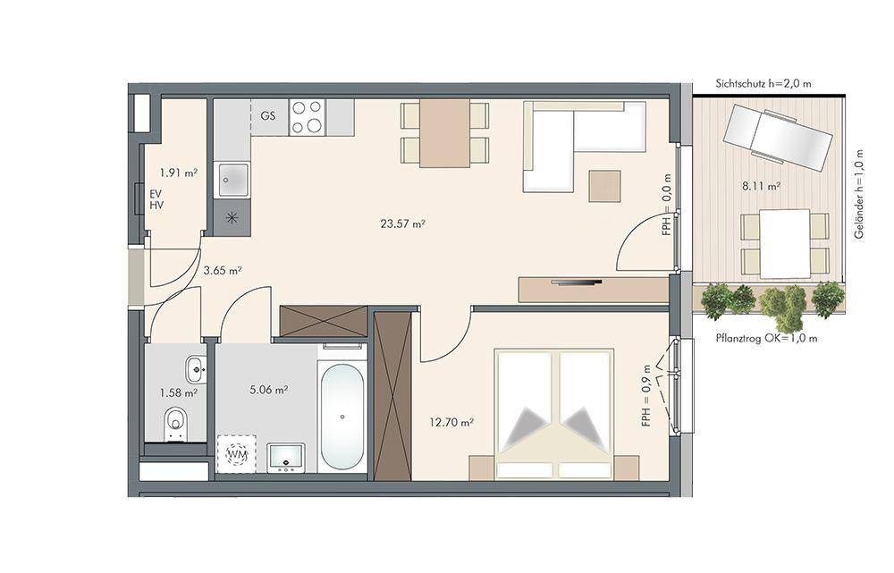 Grundriss einer Wohnung mit offenem Wohnbereich, Schlafzimmer, Bad und Balkon.