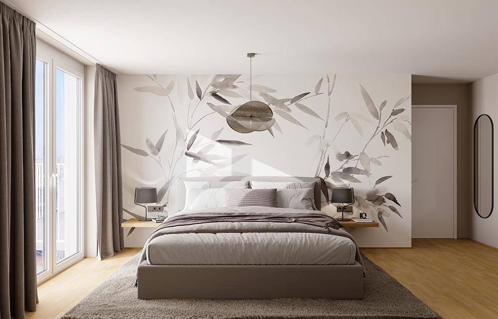 Helles Schlafzimmer mit modernem Bett, dekorativer Wandgestaltung und Zugang zu einem französischen Balkon.