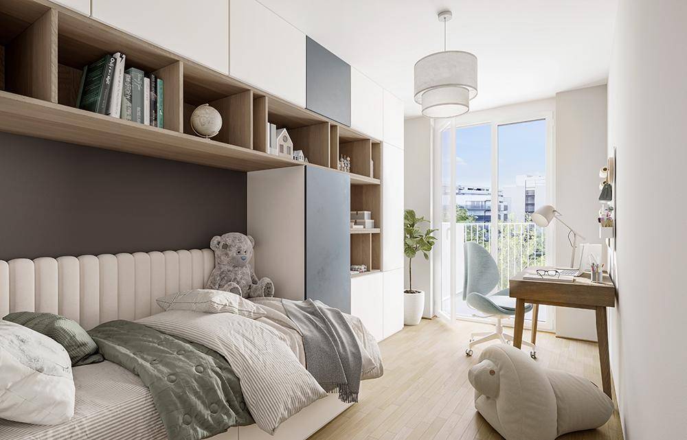 Kinderzimmer mit integrierten Regalen, Schreibtisch und Zugang zu einem kleinen Balkon.