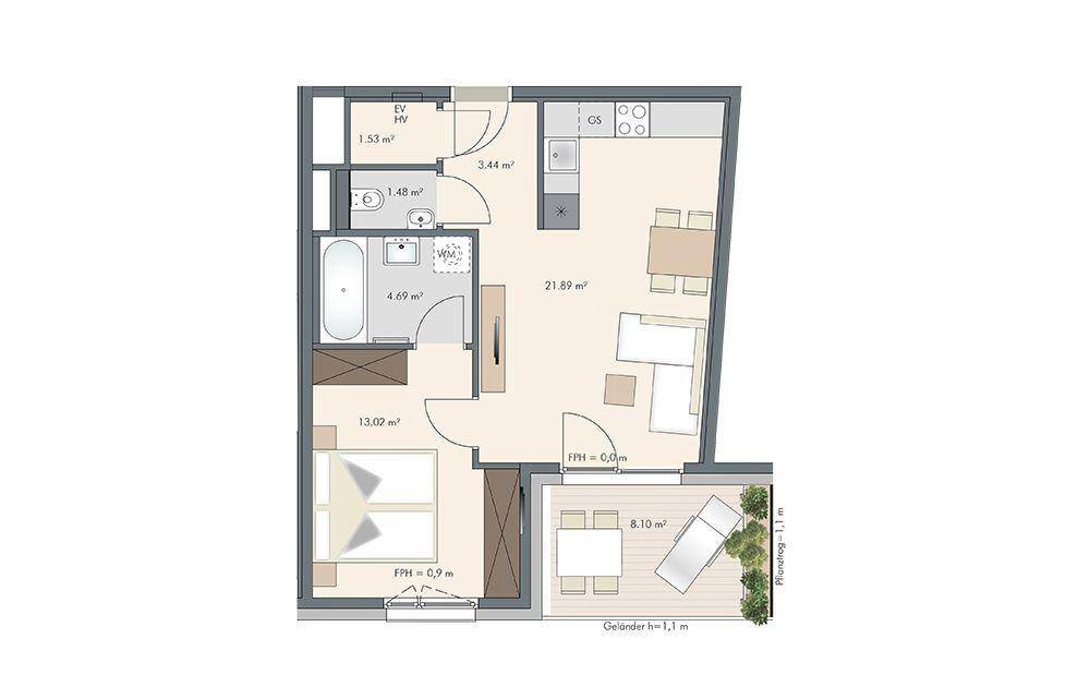 Grundriss einer Wohnung mit einem Schlafzimmer, offenem Wohnbereich und großer Terrasse.
