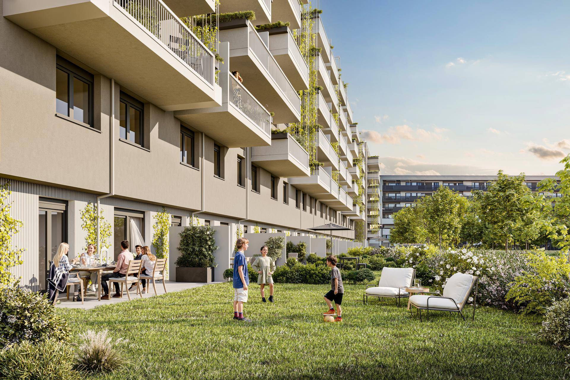 Erdgeschosswohnung mit großer Terrasse und direktem Zugang zu einem gepflegten Gemeinschaftsgarten.