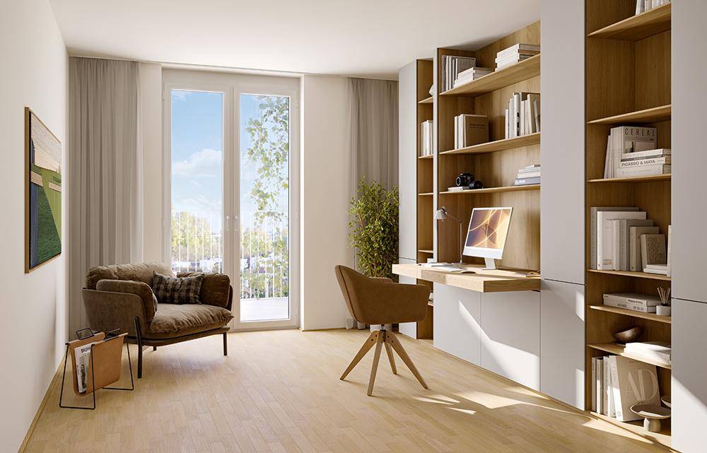 Helles Arbeitszimmer mit integriertem Schreibtisch, Bücherregalen und Zugang zum Balkon.