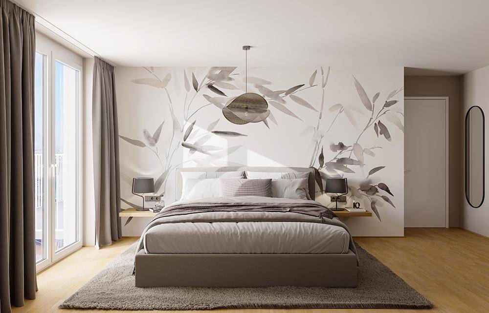 Modernes Schlafzimmer mit Holzboden, dekorativer Wandtapete und Zugang zu einem Balkon.