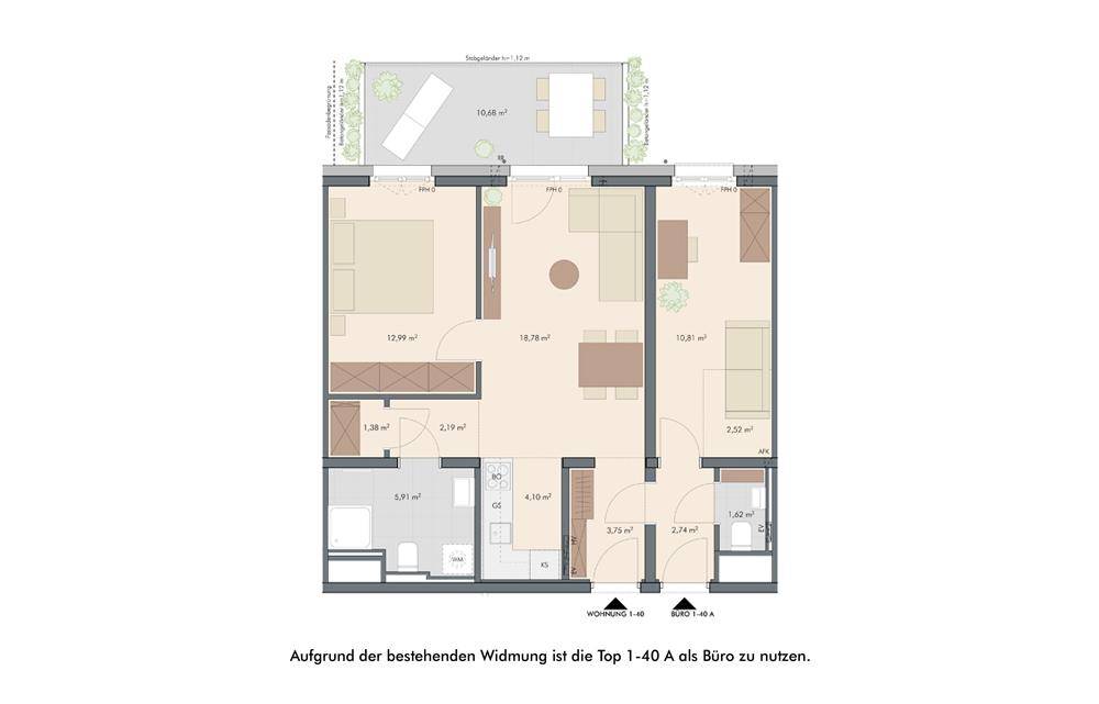 Detaillierter Grundriss mit offenem Wohnbereich, drei Schlafzimmern, zwei Bädern und einer großzügigen Terrasse.