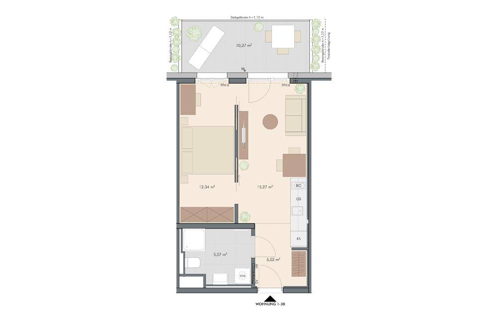 Grundriss einer Wohnung mit Schlafzimmer, offenem Wohnbereich, Bad und einer großzügigen Terrasse.