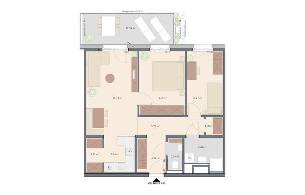 Grundriss einer Wohnung mit offenem Wohnbereich, zwei Schlafzimmern, zwei Bädern und einer großen Terrasse.
