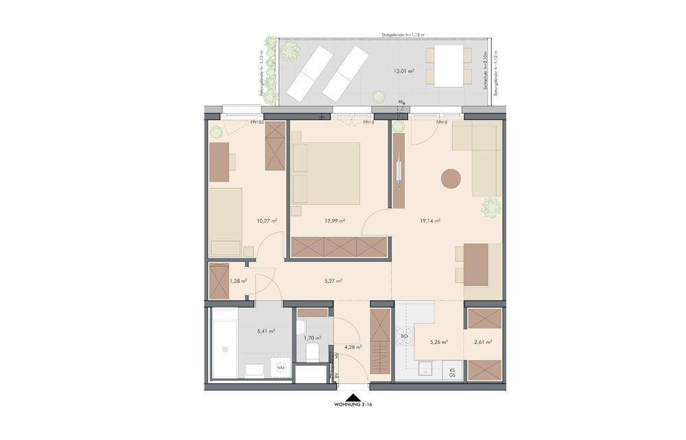 Grundriss einer Wohnung mit zwei Schlafzimmern, einem großen Wohnbereich und einer geräumigen Terrasse.