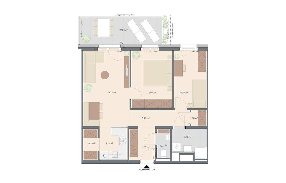 Grundriss einer Wohnung mit offenem Wohnbereich, zwei Schlafzimmern, separatem WC und einer großzügigen Terrasse.