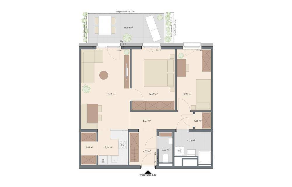 Grundriss einer Wohnung mit offenem Wohnbereich, zwei Schlafzimmern, einem Badezimmer und einer großzügigen Terrasse.