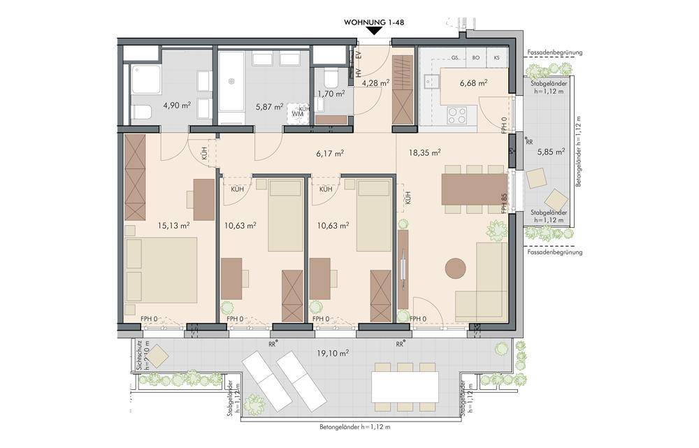 Grundriss einer modernen Wohnung mit drei Schlafzimmern, offenem Wohn-Essbereich, zwei Bädern, Gäste-WC, großer Terrasse und Balkon.