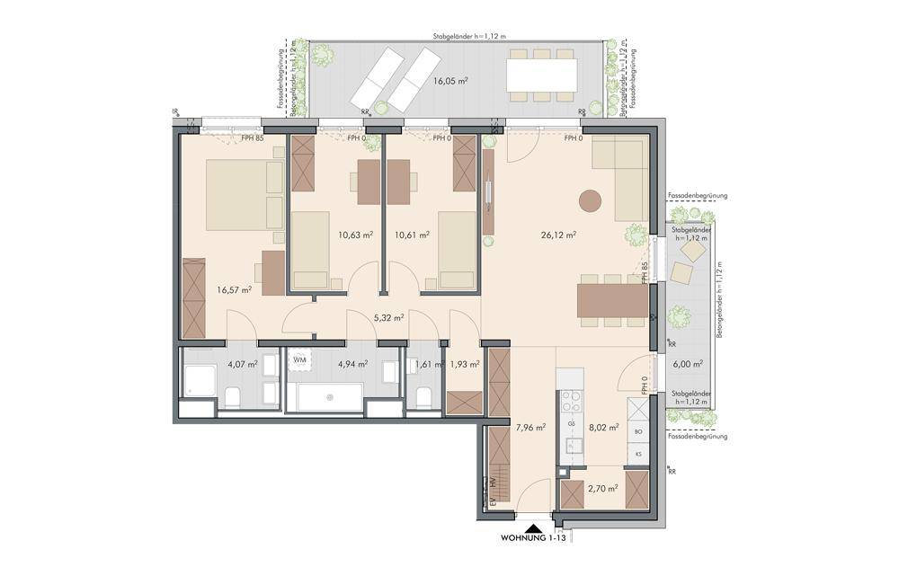 Geräumiger Grundriss mit offenem Wohnbereich, drei Schlafzimmern, zwei Bädern und großer Terrasse.