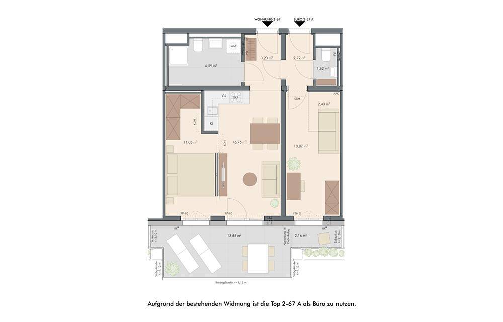 Grundriss einer Wohnung mit offenem Wohn-Essbereich, integrierter Küche, Schlafzimmer, Bad und großer Terrasse mit Gartenanteil.