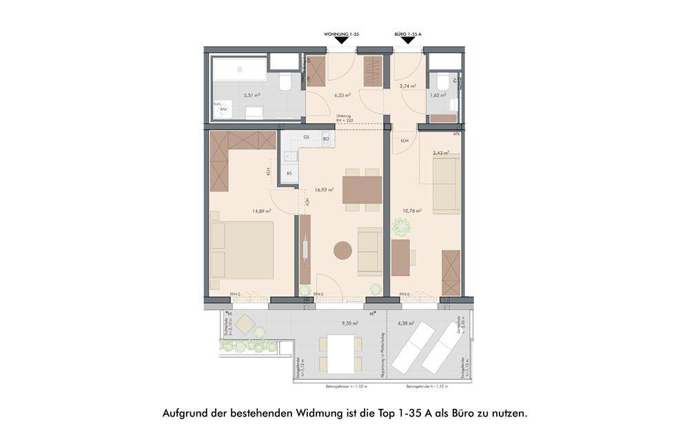 Grundriss einer Wohnung mit offenem Wohnbereich, zwei Bädern, separatem WC und großer Terrasse.