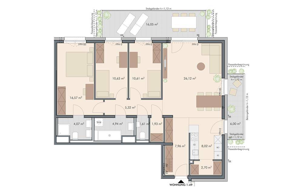 Grundriss einer Wohnung mit drei Schlafzimmern, offenem Wohnbereich, zwei Bädern und zwei Terrassen.