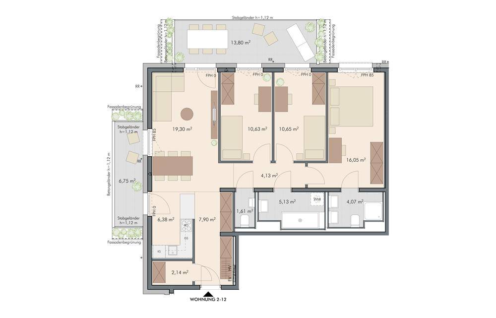 Dieser Grundriss zeigt eine Wohnung mit drei Schlafzimmern, einem offenen Wohn-Essbereich und zwei Terrassen.