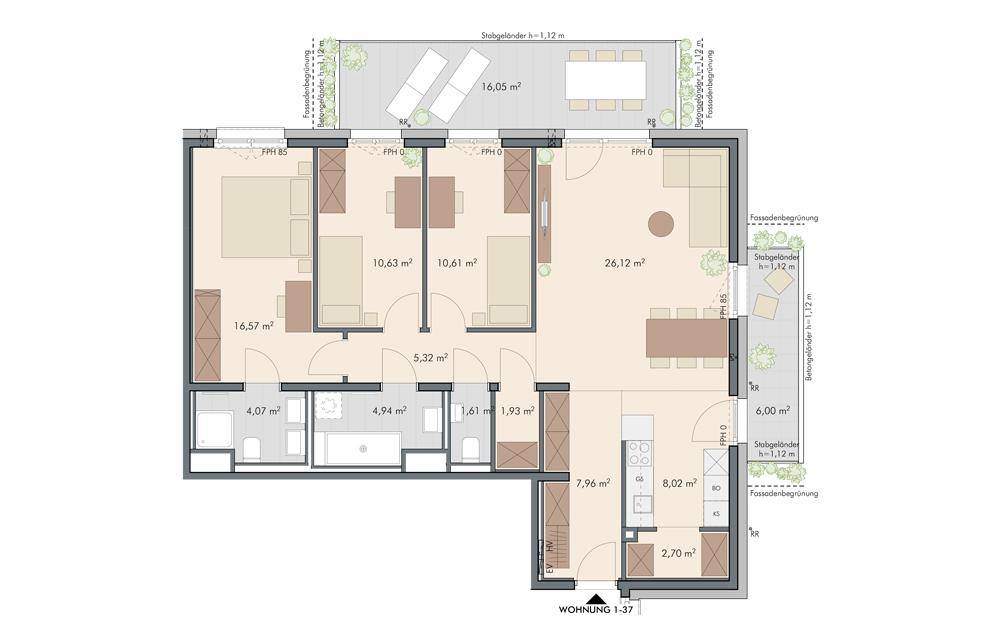 Grundriss einer Wohnung mit drei Schlafzimmern, zwei Bädern, offener Wohnküche und zwei Terrassen.