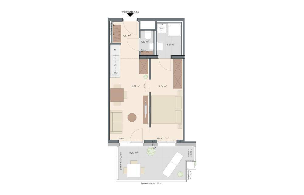 Wohnungsgrundriss mit offenem Wohnbereich, separatem WC, Schlafzimmer und großem Balkon.