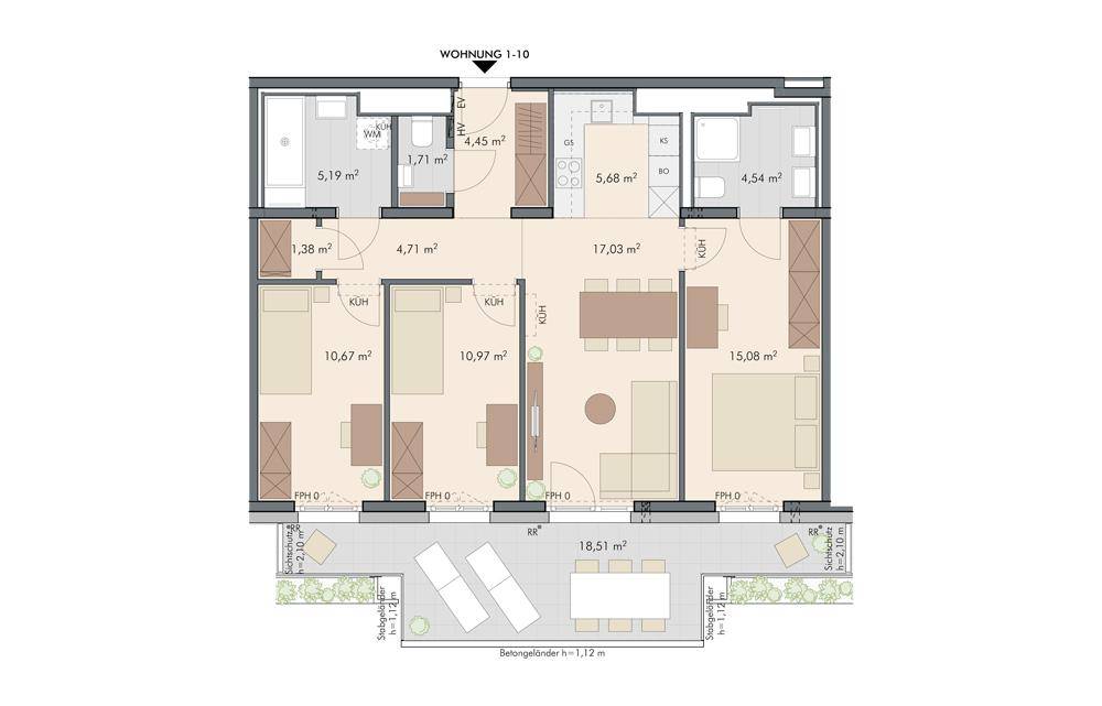 Grundriss einer Wohnung mit drei Schlafzimmern, offenem Wohnbereich, zwei Bädern und großer Terrasse mit Gartenanteil.
