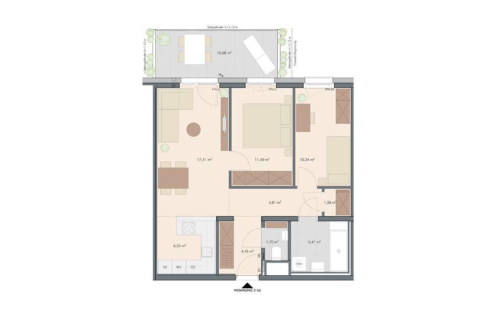 Grundriss einer Wohnung mit offenem Wohnbereich, zwei Schlafzimmern und einer großzügigen Terrasse.