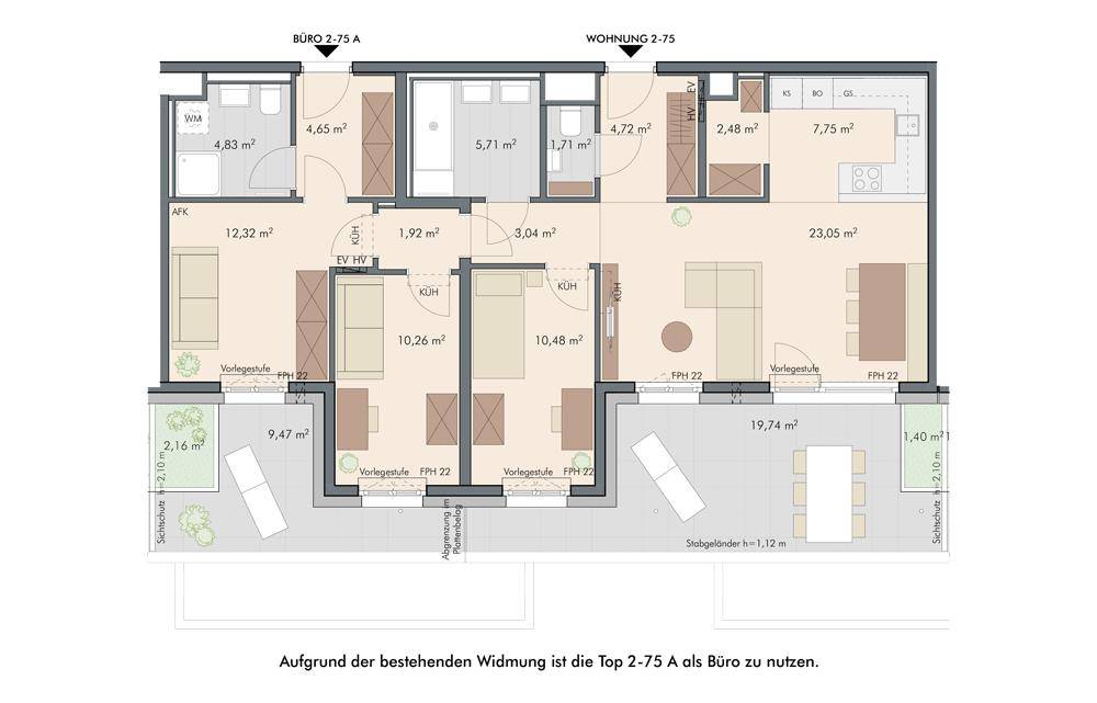 Grundriss einer Einheit mit separatem Büro und Wohnung, inklusive großzügiger Terrasse und Gartenanteil.