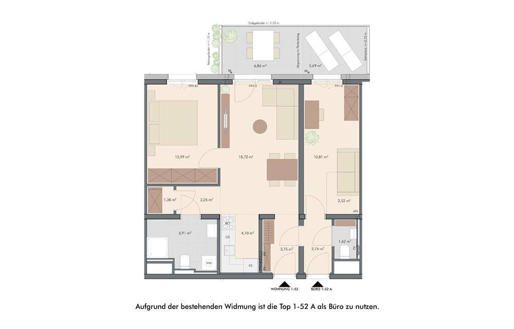 Detaillierter Grundriss einer Wohnung mit offenem Wohn-Essbereich, zwei Schlafzimmern und einer großzügigen Terrasse.