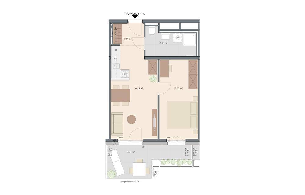 Grundriss einer Wohnung mit offenem Wohnbereich, Schlafzimmer, Bad und einer großzügigen Terrasse.