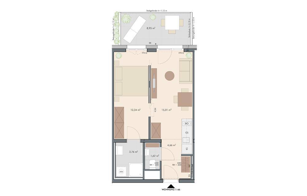 Grundriss einer kompakten Wohnung mit offenem Wohn-/Schlafbereich, separatem Bad und großer Terrasse.