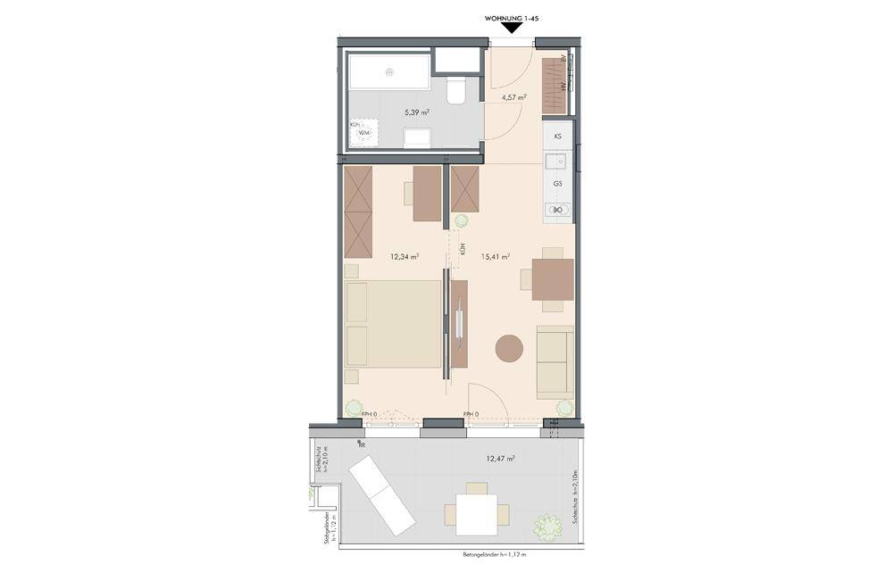 Grundriss einer Wohnung mit offenem Wohnbereich, Schlafzimmer, Bad, separatem WC und großer Terrasse.