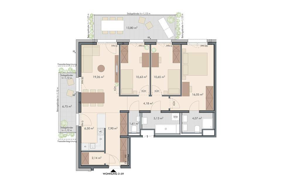 Detaillierter Grundriss einer Wohnung mit drei Schlafzimmern, zwei Bädern und zwei Terrassen.