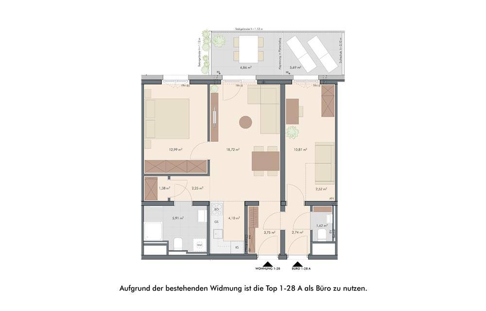 Grundriss einer Wohnung mit offenem Wohnbereich, zwei Schlafzimmern und einer großzügigen Terrasse.